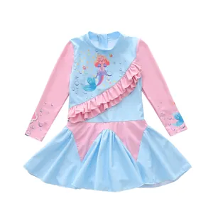 Détail du maillot de bain manches longues pour filles avec volants et imprimé sirène