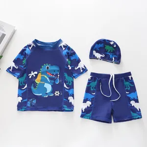 Driedelig zwempak voor kinderen met dinosaurusprint, shirt met korte mouwen en muts