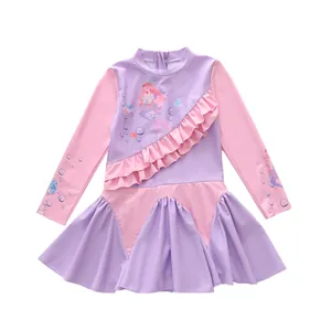 Maillot de bain manches longues pour filles motif sirène et volants rose et violet