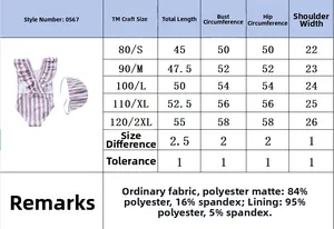 Detailed size chart for girls' striped swimsuit showing measurements for sizes 80 to 120