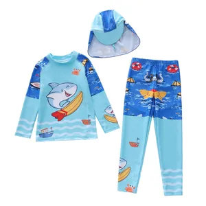 Maillot de bain 3 pièces enfant à manches longues avec imprimé océan et protection solaire