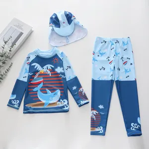 Ensemble de bain 3 pièces pour garçons avec haut à manches longues et motifs requin
