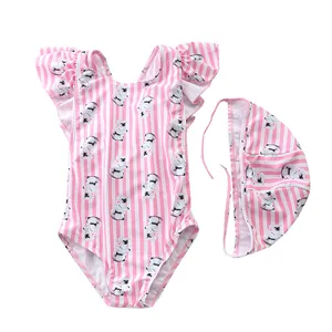 Detail of pink striped girls' swimsuit with cute koala patterns and ruffle shoulders