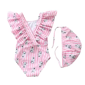 Detail of baby girl striped swimsuit with cute koala print and ruffled fly sleeves