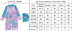 Größentabelle für Mädchen Langarm-Badeanzug Set mit detaillierten Maßen und Skalen