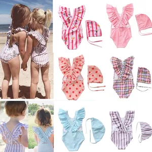 Kids Girls Ruffle One Piece Swimsuit Stripe Grid Fruit Printed Bathing Suit And Matching Swimming Hat For Summer Beach