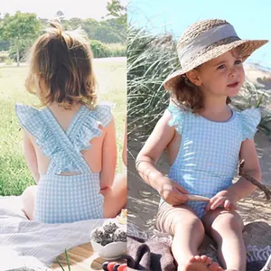 Blue and white gingham striped one-piece swimsuit for girls with ruffled shoulder straps
