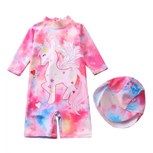 Mädchen Langarm-Badeanzug im Tie-Dye-Look mit Einhornmuster und passender Schwimmkappe
