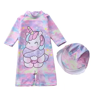 Mädchen Langarm-Badeanzug mit Einhorn-Print und passendem Sonnenhut im Set