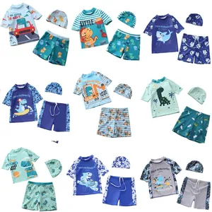 Maillots De Bain Pour Garçons Haut À Manches Courtes Short De Bain Et Chapeau Dinosaure Requin Séchage Rapide Plage