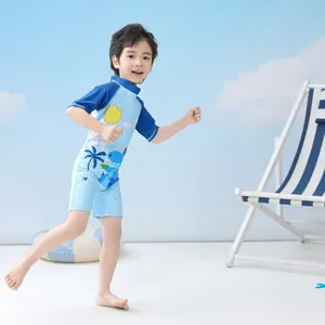 Blauer Kinder Einteiler Badeanzug mit Wal-Aufdruck und kurzen Ärmeln für Jungen