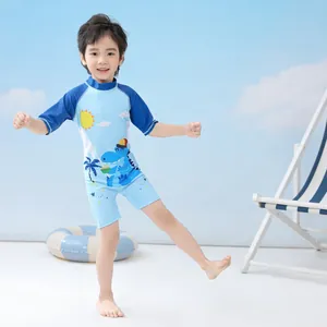 Einteiliger Kinder-Badeanzug mit Dinosaurier-Motiv und kurzen Ärmeln in Blau und Marine