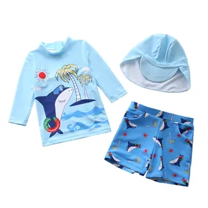 Maillot de bain 3 pièces pour garçon avec haut à manches longues, short et chapeau de soleil