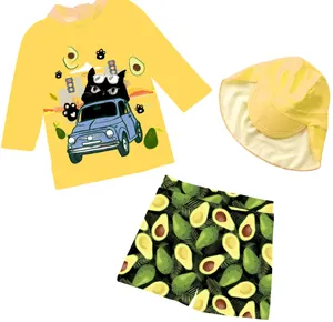 Ensemble de maillot de bain 3 pièces jaune pour enfants avec motifs chat et avocat