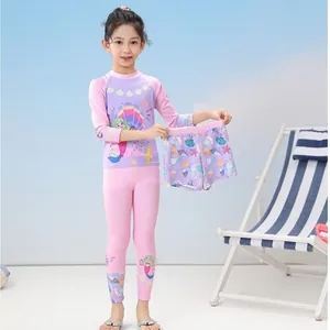 Maillot de bain 3 pièces fille à manches longues avec motifs sirène et océan
