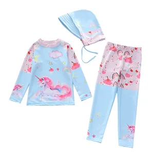 Maillot de bain trois pièces pour filles avec motifs licorne et arc-en-ciel anti-UV