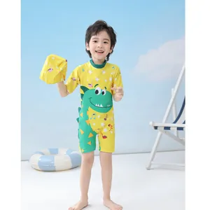 Boys one-piece dinosaur swimsuit with hat set in bright yellow and green colors