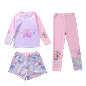 Maillot de bain trois pièces pour fille avec manches longues et motifs de coquillages
