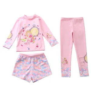 Maillot de bain trois pièces pour filles avec motif sirène, manches longues et protection solaire