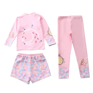 Ensemble maillot de bain 3 pièces fille rose à manches longues et motifs écailles de sirène
