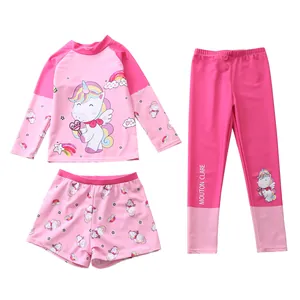 Ensemble de bain 3 pièces pour filles rose avec manches longues et licorne