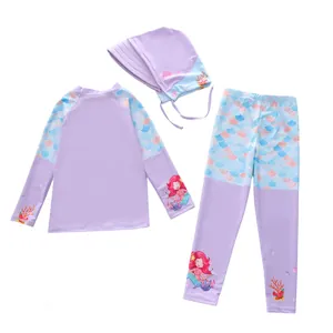 Maillot de bain sirène 3 pièces pour enfants avec haut manches longues, pantalon et chapeau