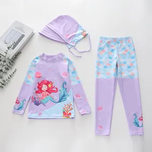 Maillot de bain 3 pièces fille à manches longues avec motif sirène et écailles