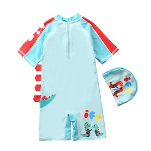 Detailed back view of boy's dinosaur swimsuit featuring long zipper for easy wear