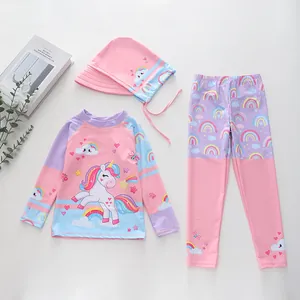 Maillot de bain 3 pièces fille à manches longues avec motifs licorne et arc-en-ciel colorés