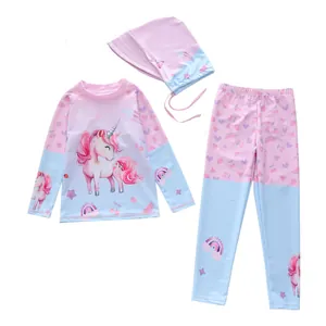 Maillot de bain 3 pièces enfant avec haut licorne à manches longues, pantalon et chapeau