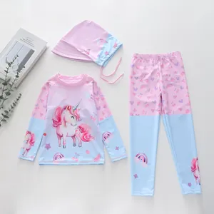 Maillot de bain 3 pièces pour filles à manches longues avec motif licorne dégradé rose bleu