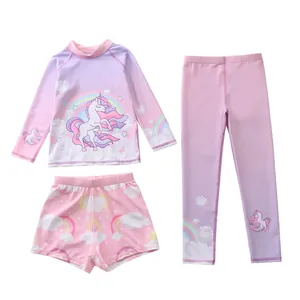 Maillot de bain 3 pièces fille à manches longues avec motifs licorne rose et arc-en-ciel