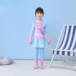 Costume da bagno tre pezzi bambina a maniche lunghe con stampa unicorno e volant