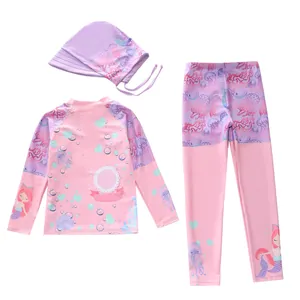 Maillot de bain 3 pièces à manches longues pour filles avec motifs sirène et méduse