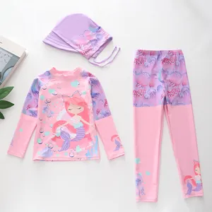 Maillot de bain 3 pièces fille à manches longues avec motifs sirène et méduse