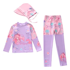 Ensemble maillot de bain 3 pièces fille à manches longues avec motifs de sirène rose