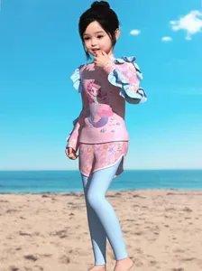 Outdoor beach shot of girls long sleeve three piece swimwear with mermaid cartoon print