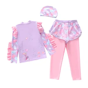 Three-piece girls long sleeve swimsuit with shell prints and ruffles in lilac and pink
