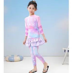 Girls long sleeve two-piece swimsuit with purple gradient and jellyfish prints
