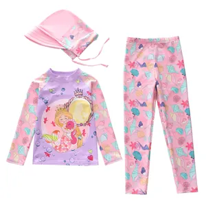Maillot de bain trois pièces pour filles avec motif sirène, haut manches longues et pantalon