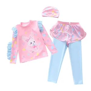 Detailed set of pink long-sleeve ruffled sun-proof swimwear for girls with rabbit print