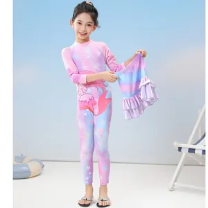 Girls long sleeve one-piece swimsuit with mermaid print and matching ruffled skirt