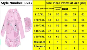 Detailed size chart for girls long sleeve unicorn swimsuit with measurements in CM