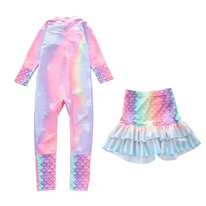 Detail of girls' mermaid gradient long-sleeve swimsuit and ruffled skirt set