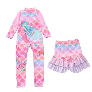 Detail of girls long sleeve swimsuit set with mermaid print and gradient fish scales