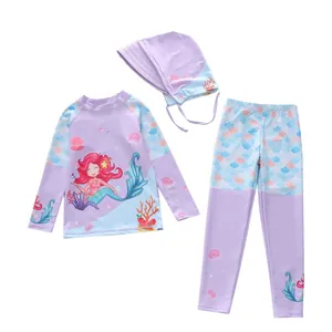 Maillot de bain trois pièces à manches longues pour filles avec motif sirène et océan