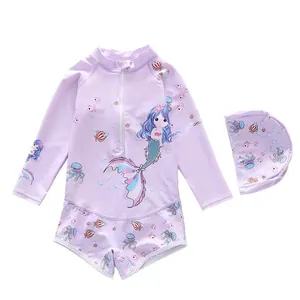Kids long sleeve swimsuit in lilac with cartoon mermaid print and matching swim cap