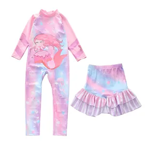 Detail of girls long sleeve swimsuit set with colorful mermaid and jellyfish print