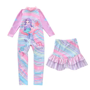 Detail of girls long sleeve swimsuit and pleated skirt with cute mermaid cartoon pattern