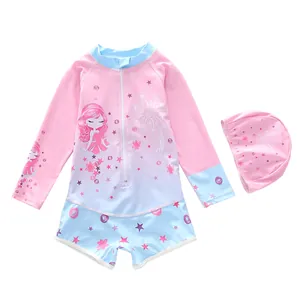 Detail of pink-to-blue gradient long-sleeve kids swimsuit with cartoon print and zipper